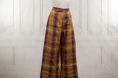 plaid wide leg pants in yellow and purple