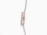 a silver necklace with a clock on it on a white background