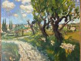 une peinture à l'huile représentant une route de campagne avec des arbres au premier plan