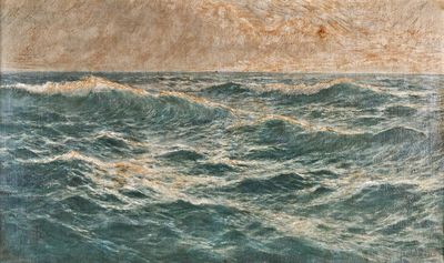 peinture représentant une peinture d'un bateau au milieu d'une vaste étendue d'eau