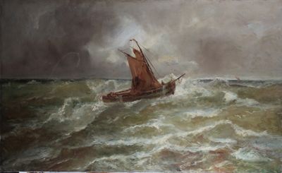 un tableau représentant un bateau au milieu de l'océan