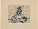 dessin représentant une femme allongée sur un lit devant une fenêtre