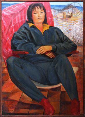 painting of a woman sitting in a chair in front of a painting of a woman