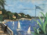 a painting of sailboats on the water with a flag in the background
