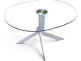 an image of a glass table with a metal base on a white background