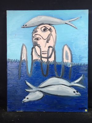 un tableau représentant un homme et un poisson dans l'eau