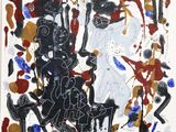an abstract painting of a man riding a horse with a lot of paint on it