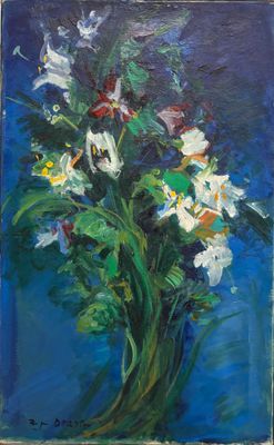 une peinture à l'huile représentant un vase de fleurs sur fond bleu