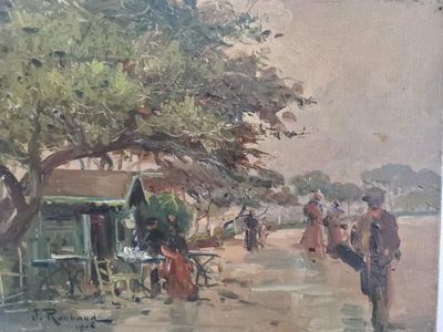a painting of people walking down the street in the rain