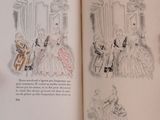an open book with a drawing of people in formal dress
