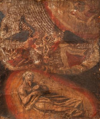 une image représentant un tableau où l'on voit une femme et un homme dans une crèche