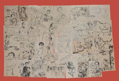 several drawings of people and animals are shown on a piece of paper
