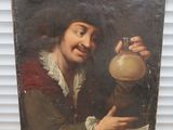 un vieux tableau représentant un homme tenant un verre à la main