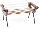 a wooden and glass table on a white background
