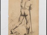 an old drawing of a man with a stick and a hat