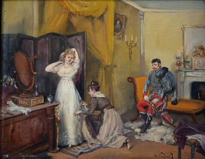 a painting of a woman in a white dress in a room