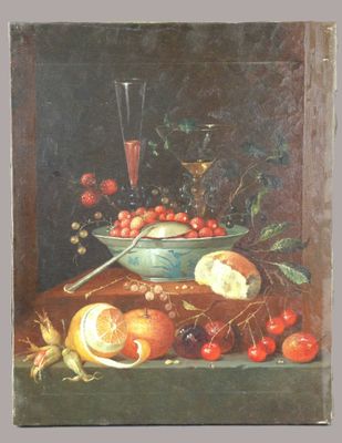 painting of a bowl of fruit and a glass of wine on a table