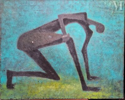 un tableau représentant un homme penché en avant pour ramasser quelque chose
