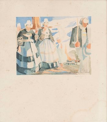 an image of a painting of a man and a woman standing in front of a building
