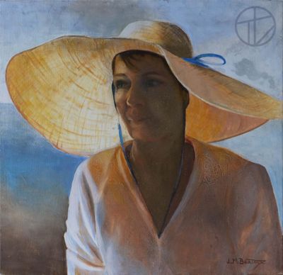 tableau représentant une femme portant un grand chapeau et une chemise blanche