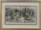 an image of a painting of a harbor scene with boats in the water
