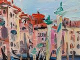 painting of gondolas in venice, italy by a river