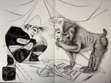 drawing of a monkey and a woman sitting at a table