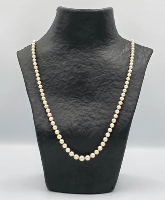 a white pearl necklace on a black mannequin