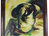 a painting of a woman sitting on the ground with her head in her hands