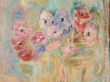 une peinture à l'huile représentant des fleurs dans un vase sur une table