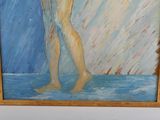 an oil painting of a woman standing in the rain with her hands in her pockets