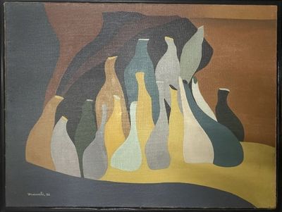 un tableau représentant un ensemble de vases posés sur une table