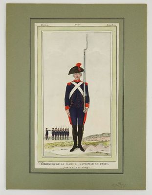 a drawing of a soldier in uniform stands in front of a line of soldiers