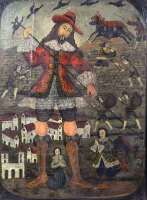 un vieux tableau représentant un homme vêtu d'un manteau rouge et d'un chapeau, tenant un bâton