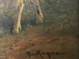 an oil painting of a horse standing in a field with trees in the background