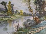 a painting of a river with trees on the bank