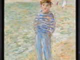 an oil painting of a boy standing on a beach next to the ocean