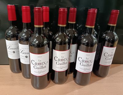 six bouteilles de vin rouge sont alignées sur une table