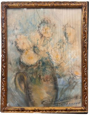 painting of a vase with flowers in it on a table