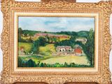 an oil painting of a farm scene with a house in the distance