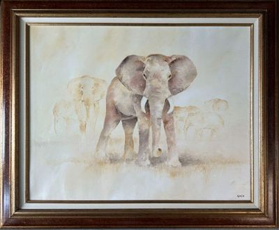 un tableau représentant un éléphant debout dans l'herbe