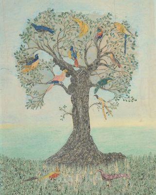 a painting of a tree with many birds on it