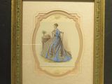 une vieille photo d'une femme en robe bleue dans un cadre doré