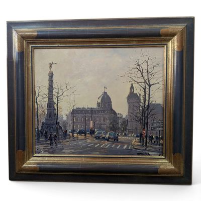 painting of a city street with a clock tower in the background
