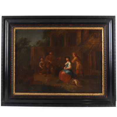 un tableau représentant une famille devant une maison, avec un chien et un chat