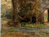 a watercolor painting of a building on the side of the road