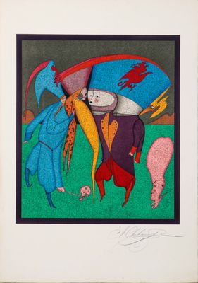une image représentant un tableau où figurent un homme et une femme avec des parapluies