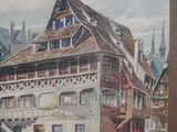 a painting of a building with a clock on the front of it