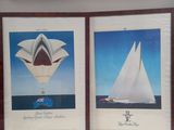 two framed pictures of a sailboat and a boat in the water
