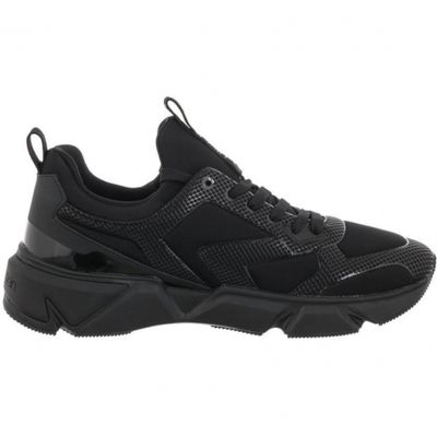 a picture of a pair of black sneakers on a white background